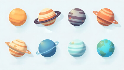 Colorful Planet Illustration Set Featuring Various Planets with Rings and Earth in Bright Pastel Colors