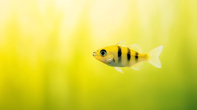 Small tiger striped fish swims in bright yellow green water