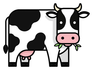 Cartoon cow illustration with black spots eating green grass.