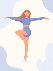 Dance Dancer Woman Fitness Pose – Blonde Hair, Blue Outfit, Light Blue Background – Vector Illustration. EPS