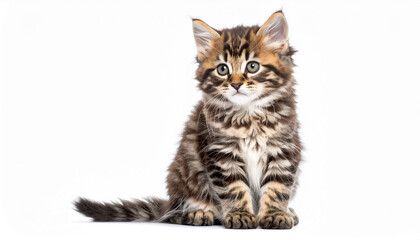 Obraz premium Sitting little kitten isolated on white background, looking forward; wallpaper