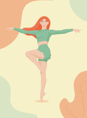Dance Dancer Woman Fitness Pose – Red Hair, Green Outfit, Yellow Background – Vector Illustration. EPS
