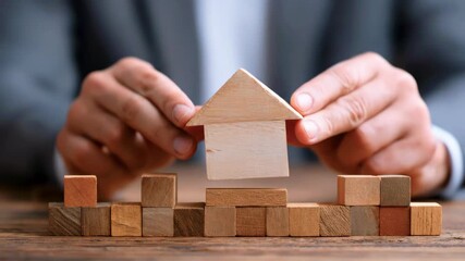 A person in a suit carefully placing a wooden house block on top of a stack of colorful building blocks