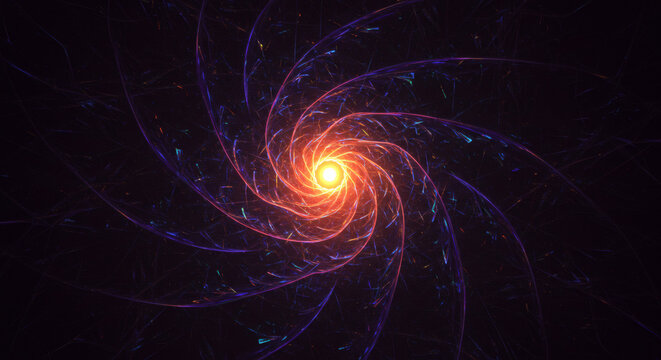 Vibrant glowing cosmic spiral vortex radiating energy in deep space, abstract fractal art