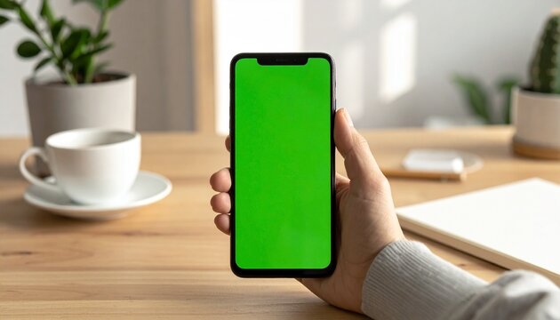 Close up view of a hand holding a modern smartphone with a chroma key green screen. Mockup template for an app or website display
