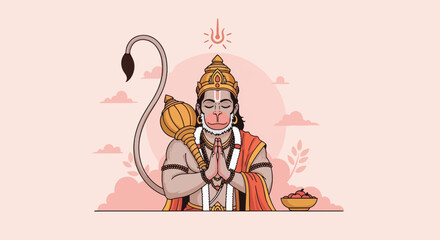 Obraz premium Lord Hanuman Praying in Devotion with Mace and Offerings, Hindu God Deity Illustration