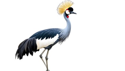 Fototapeta premium A grey crowned crane, displaying its striking plumage and elegant posture, stands against a plain white backdrop.