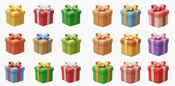 A vibrant collection of various colorful 3D gift boxes with decorative bows and ribbons, isolated on a transparent background.