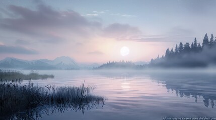 Obraz premium Serene lake at dawn with mist and mountains creating a peaceful scene