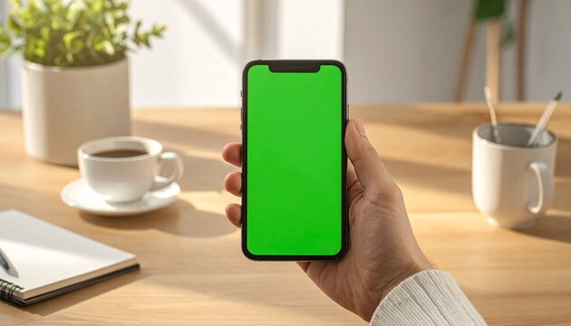 Woman holding a vertical smartphone with a blank green screen. Mockup template for a mobile app or website display at a work desk