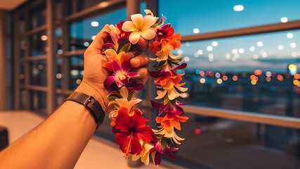 hand holding colorful hawaiian lei at airport