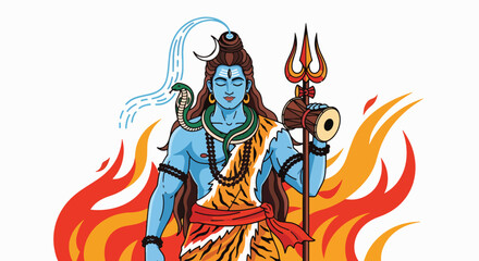 Lord Shiva standing in flames with Trishul, Damaru, and Ganga river flowing from his hair, Hindu deity illustration.