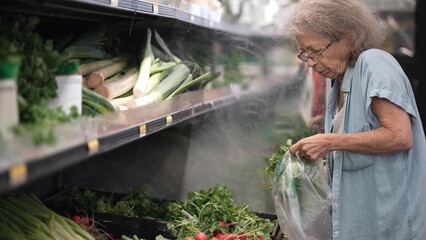An elderly senior woman is focused on choosing fresh vegetables in a grocery store. She inspects produce while holding a bag filled with greens.