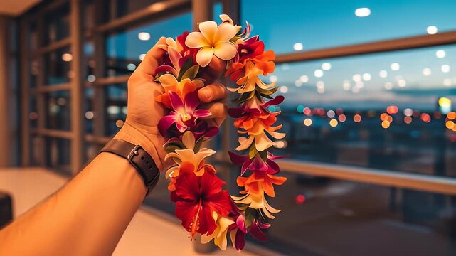 hand holding colorful hawaiian lei at airport