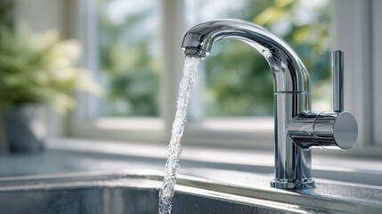 Close-up of modern chrome kitchen faucet with running water stream over sink, bright natural light coming from window in background