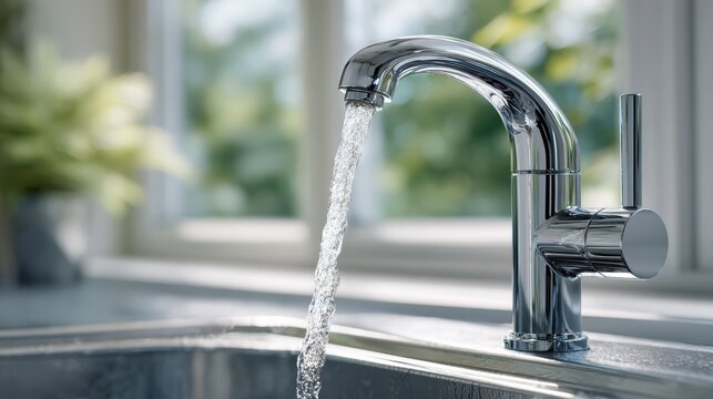 Close-up of modern chrome kitchen faucet with running water stream over sink, bright natural light coming from window in background - Powered by Adobe