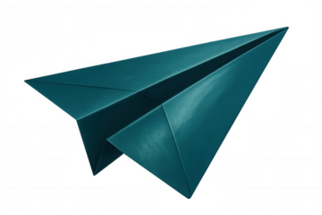 Teal origami paper airplane flying with transparent background, perfect for travel and communication concepts