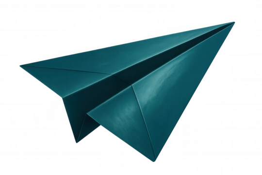 Teal origami paper airplane flying with transparent background, perfect for travel and communication concepts