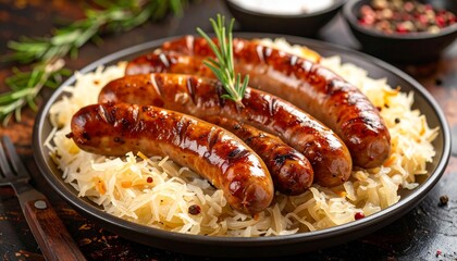 Authentic German Bratwurst served on a bed of sauerkraut, a traditional European culinary experience