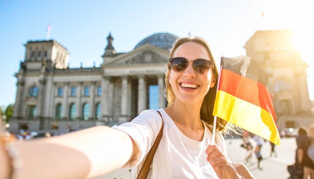 Fototapeta Cheerful young female traveler taking a selfie with a national flag in front of a historic government building in a European capital city