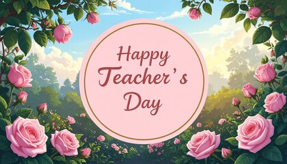 Charming floral illustration celebrating Teacher's Day with a beautiful garden of blooming pink roses under a bright blue sky