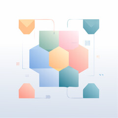 Abstract geometric composition with interconnected hexagonal shapes and pastel colors.