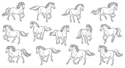 Dynamic collection of clean line art captures the essence of equine grace and power, showcasing a variety of horses in full motion with flowing manes and tails.