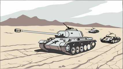 Military Tanks Rolling Across Desert Landscape War Scene Illustration Armored Vehicles.