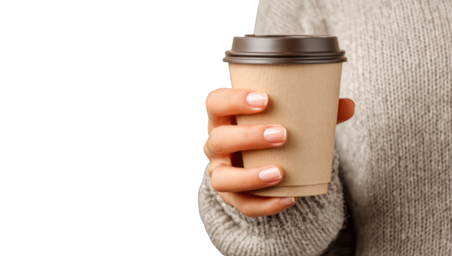 Woman holding a disposable coffee cup - Powered by Adobe