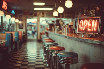 Classic retro diner interior with neon open sign, chrome bar stools, checkered floor, and colorful booths evoking vintage American nostalgia