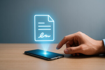 Digital document icon hovers above smartphone, illustrating e signature technology