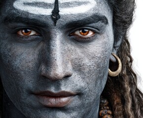Close-up portrait of a man with intricate face paint, evoking a powerful and spiritual presence.