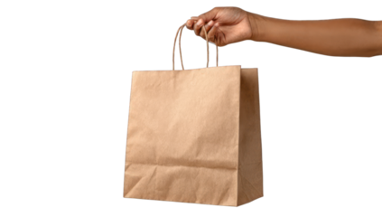 A hand holds a brown paper bag