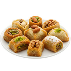 Ssorted Middle Eastern pastries with nuts on a platter, close-up isolated on white or transparant background, PNG format.