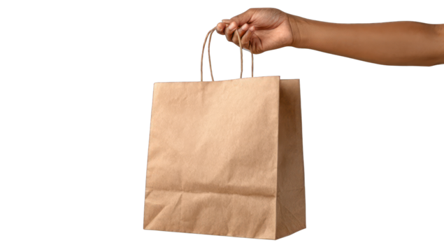 A hand holds a brown paper bag