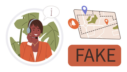 Customer service representative wearing a headset, speech bubble with info symbol, fake map with location pins, and alert notification. Ideal for warning, scam, security, fraud, support awareness