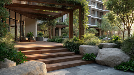 Tranquil Courtyard: An inviting courtyard showcases natural stone, wooden architecture, and thriving greenery, presenting a welcoming space that embodies peace and sophistication.