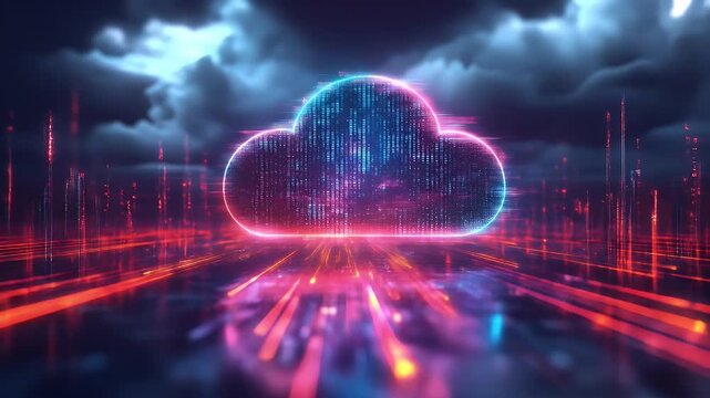 Edge AI integration pipeline animation. Futuristic cloud computing concept with neon lights and digital rain against a stormy sky