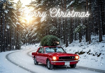 A Nostalgic Winter Scene of a Retro Truck Bringing Home the Christmas Tree