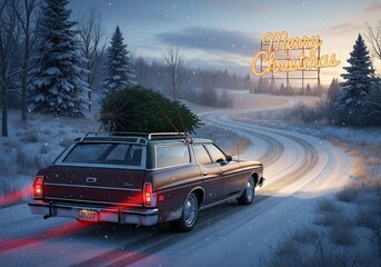 Merry Christmas - Vintage Car with Tree on Roof in a Snowy Landscape