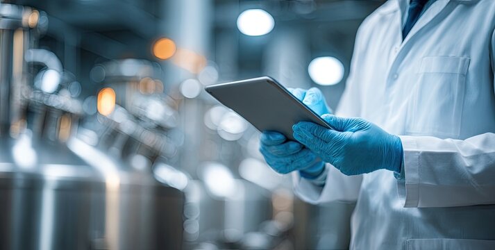 Scientist Using Tablet to Monitor Industrial Processes in a Factory.