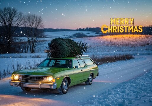 Fototapeta Merry Christmas - Vintage Car with Tree on Roof in a Snowy Landscape