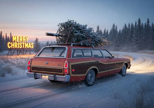 Fototapeta Merry Christmas - Vintage Car with Tree on Roof in a Snowy Landscape