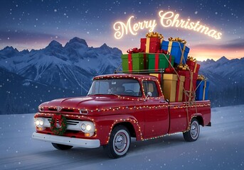 Vintage Red Truck Carrying Christmas Gifts Through a Snowy Mountain Landscape