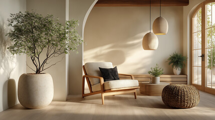 Serene Interior Sanctuary: A meticulously designed living space that embodies modern minimalism, where natural light dances over a tranquil scene. Featuring elegant furniture and verdant plant life.