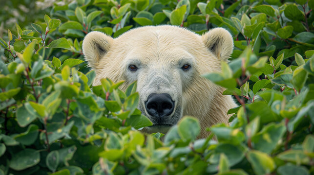 Urso polar espiando por entre a folhagem verde