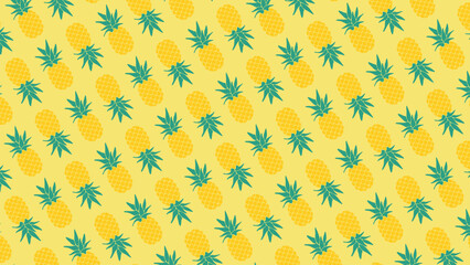 A fun and seamless pineapple pattern on a sunny yellow background. This tropical fruit vector is perfect for summer designs, fabric, and wrapping paper