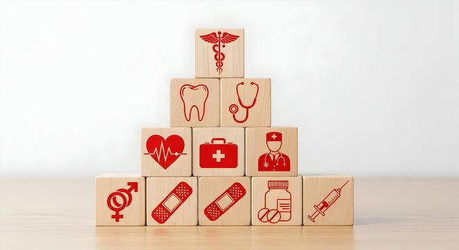 Medical healthcare concept wooden blocks with health icons for insurance and wellness topics - Powered by Adobe
