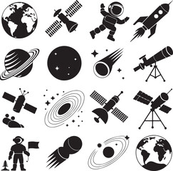 Space and astronomy themed icons including planets, rockets, and astronauts Earth satellite