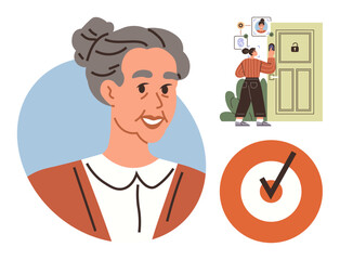 Elderly woman in a profile image, a person using facial verification near a secured door, and an approval tick. Ideal for ID security, modern technology, access control, identity verification, senior